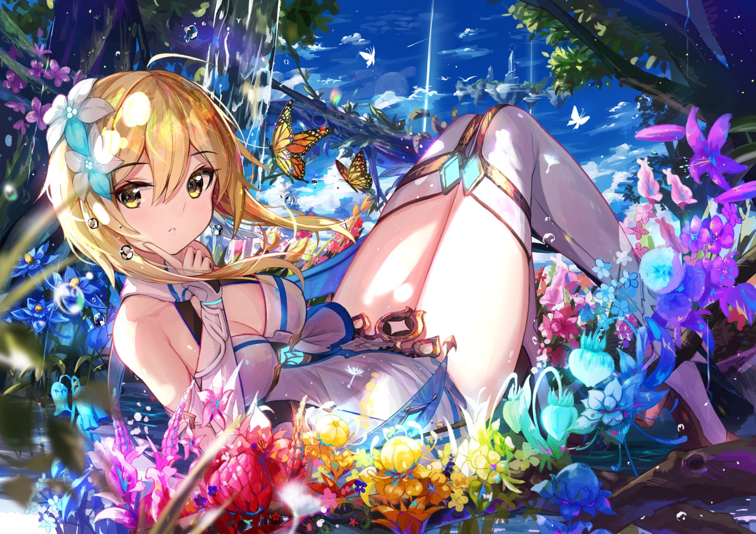 cleavage, genshin_impact, lumine, prinz_eugen1938, thighhighs