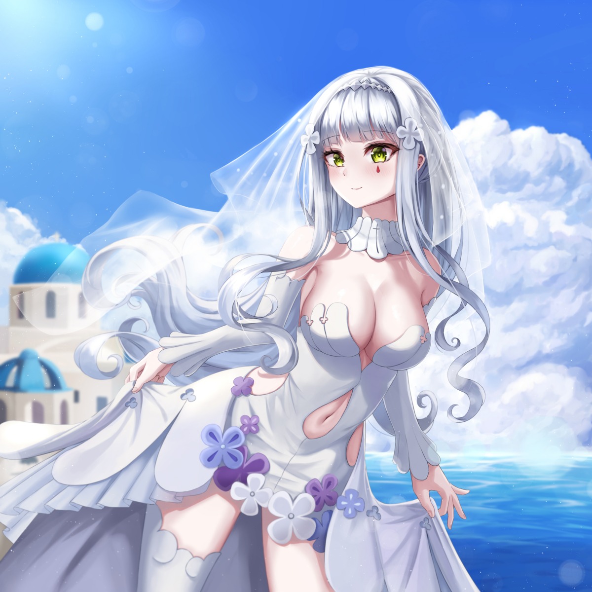 cleavage, daisy_cutter, dress, girls_frontline, hk416_(girls_frontline), no_bra, skirt_lift, thighhighs