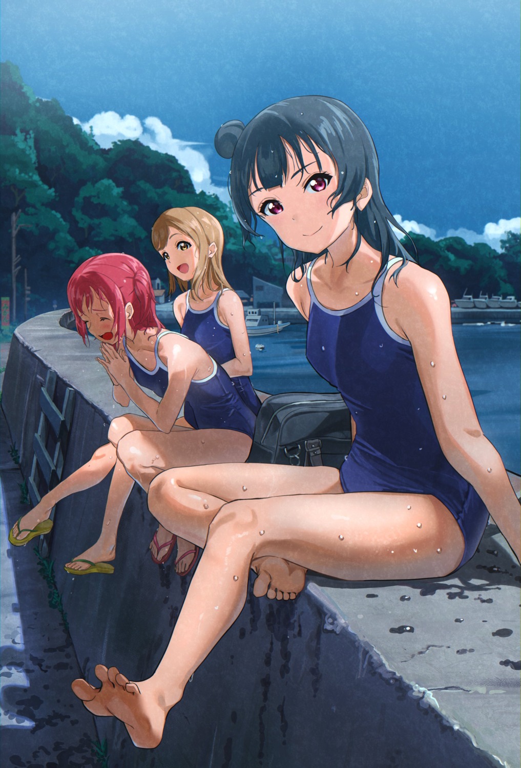 0364p, feet, kunikida_hanamaru, kurosawa_ruby, love_live!_(series), love_live!_sunshine!!, school_swimsuit, swimsuits, tsushima_yoshiko, wet
