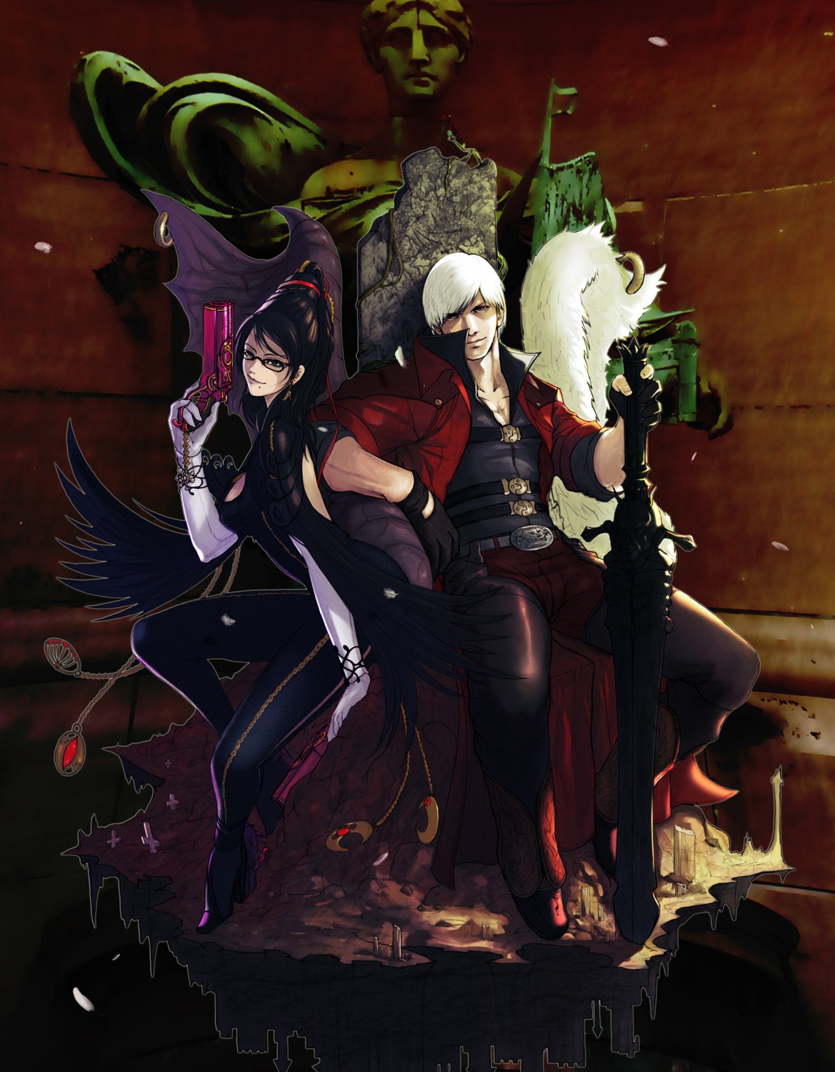 bayonetta, bayonetta_(character), bodysuit, crossover, dante, devil_may_cry, gun, megane