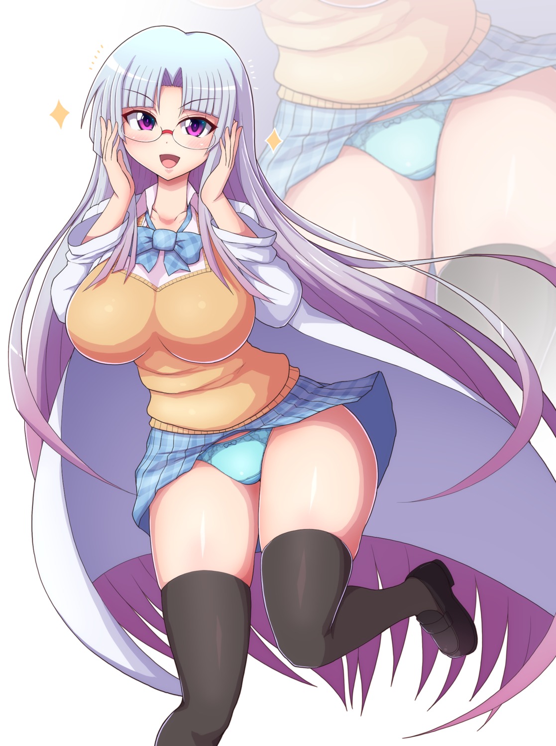 megane, pantsu, ponpon-maru, seifuku, skirt_lift, sweater, thighhighs