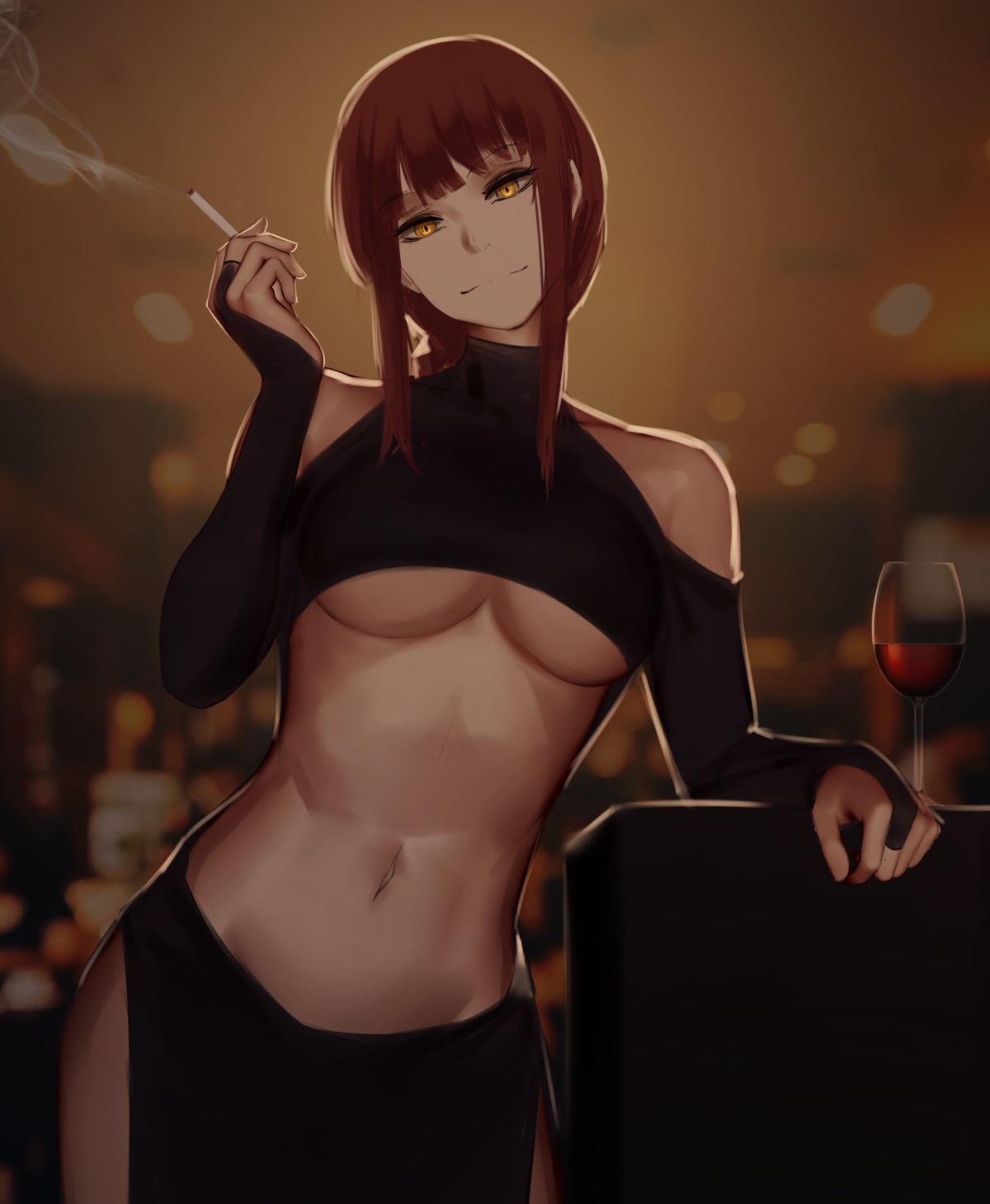 chainsaw_man, makima_(chainsaw_man), no_bra, smoking, underboob, zaki_(zaki_btw)