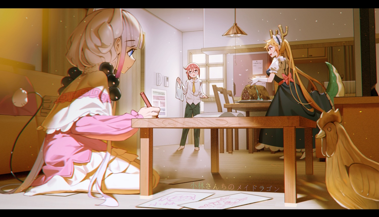 horns, kanna_kamui, kobayashi-san_chi_no_maidragon, kobayashi_(maidragon), maid, megane, mio-muo1206, tail