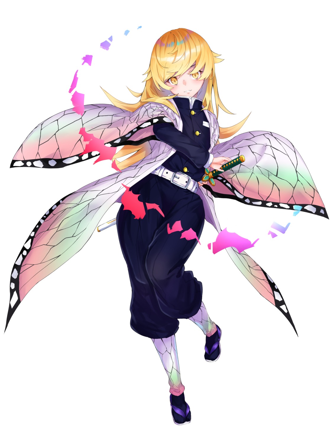 bakemonogatari, cosplay, japanese_clothes, kimetsu_no_yaiba, kochou_shinobu, m.tokotsu, monogatari_(series), oshino_shinobu, sword, uniform