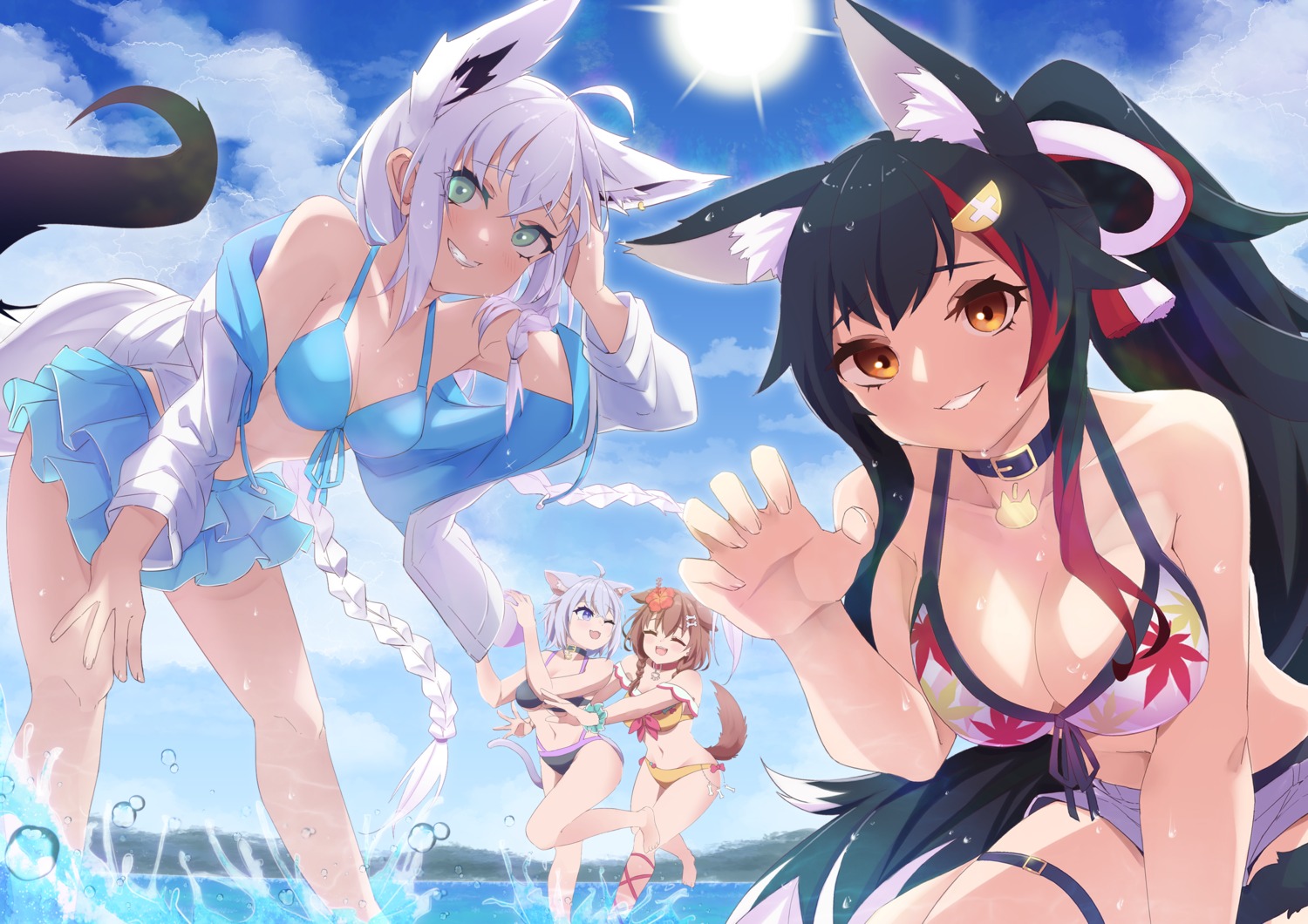 angruoxin, animal_ears, bikini, garter, hololive, hololive_gamers, inugami_korone, inumimi, kitsune, nekomata_okayu, nekomimi, ookami_mio, open_shirt, shirakami_fubuki, swimsuits, tail, wet