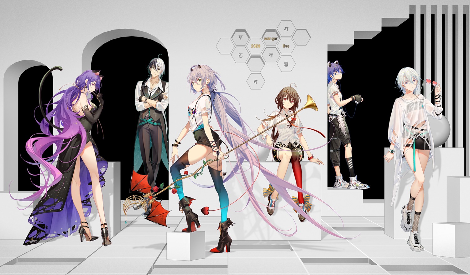 animal_ears, dress, garter, heels, horns, luo_tianyi, mo_qingxian, no_bra, see_through, thighhighs, tidsean, torn_clothes, vocaloid, weapon, yan_he, yuezheng_ling, yuezheng_longya, zhiyu_moke
