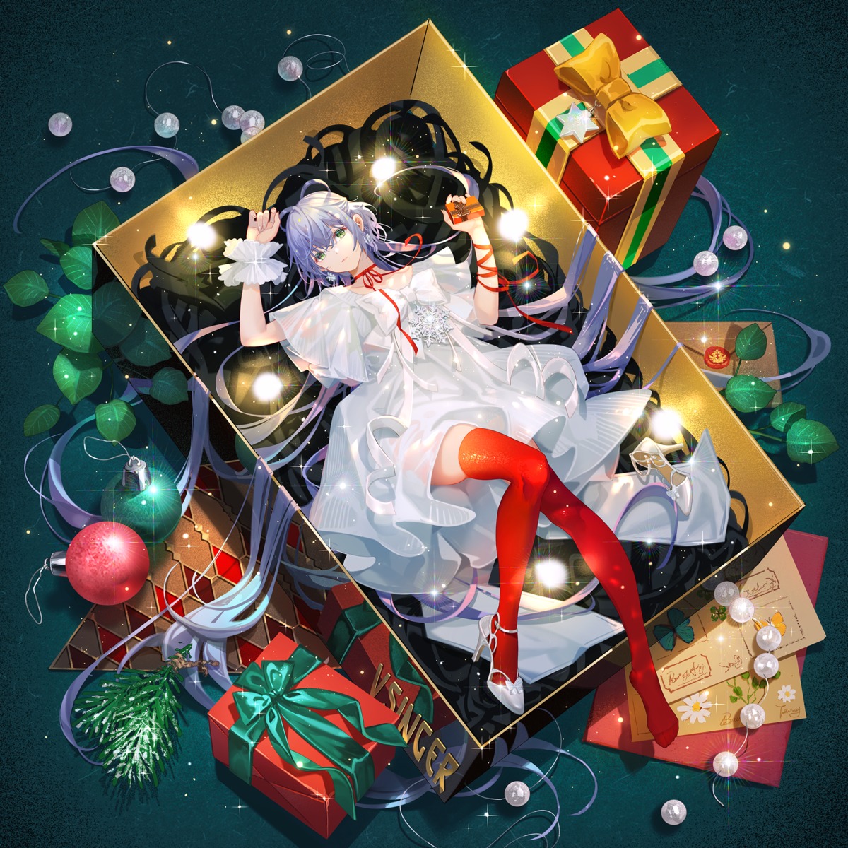 christmas, dress, heels, luo_tianyi, see_through, skirt_lift, thighhighs, tidsean