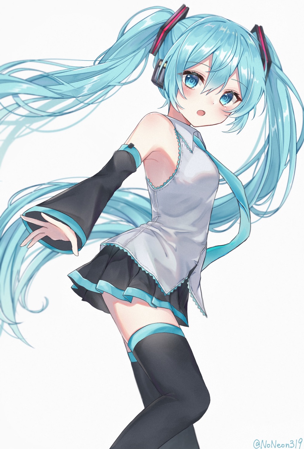 hatsune_miku, headphones, noneon319, official_watermark, thighhighs, vocaloid