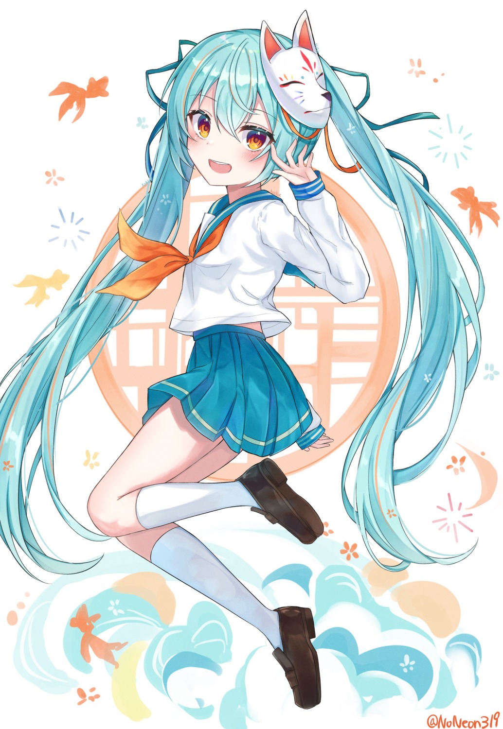 hatsune_miku, noneon319, official_watermark, seifuku, skirt_lift, vocaloid