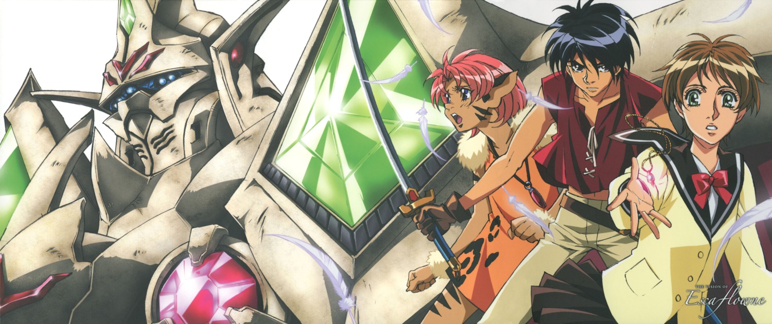 dress, escaflowne, kanzaki_hitomi, merle, ousaka_hiroshi, pointy_ears, seifuku, skirt_lift, sword, van_fanel