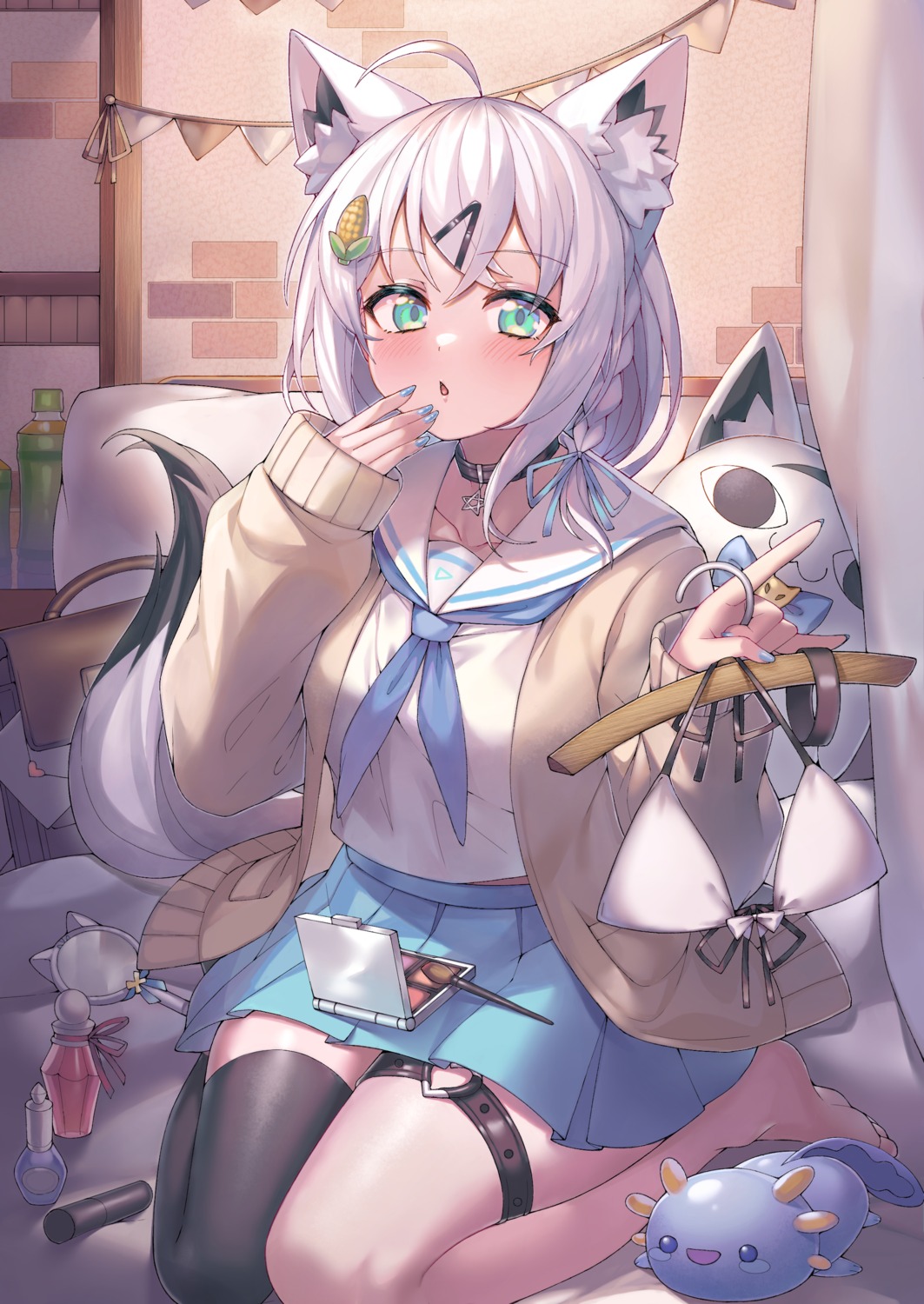 animal_ears, garter, hololive, hololive_gamers, kitsune, seifuku, shirakami_fubuki, sweater, tail, thighhighs, togami_(tobysou526)