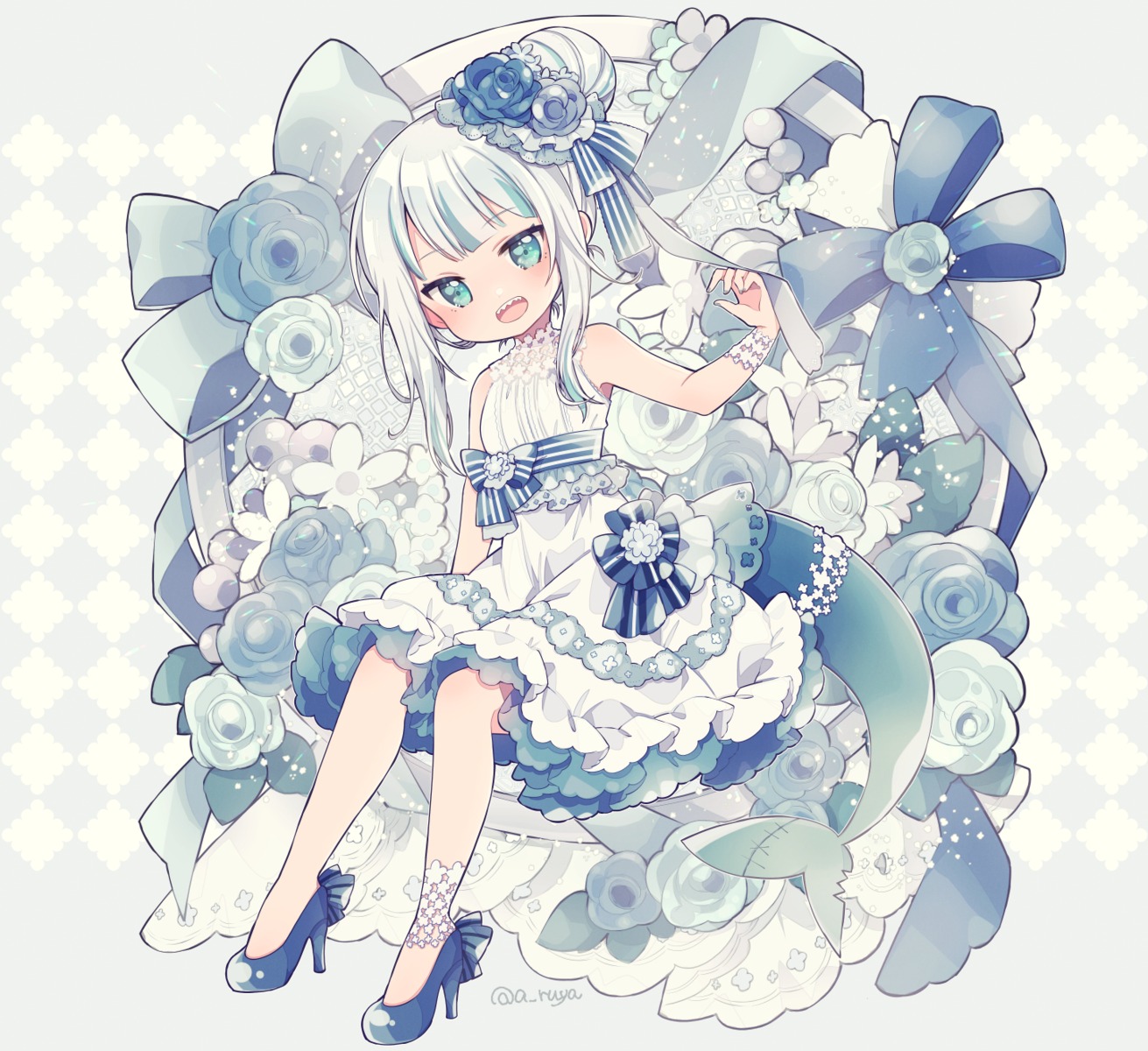aruya_(flosrota), dress, gawr_gura, heels, hololive, hololive_english, skirt_lift, tail