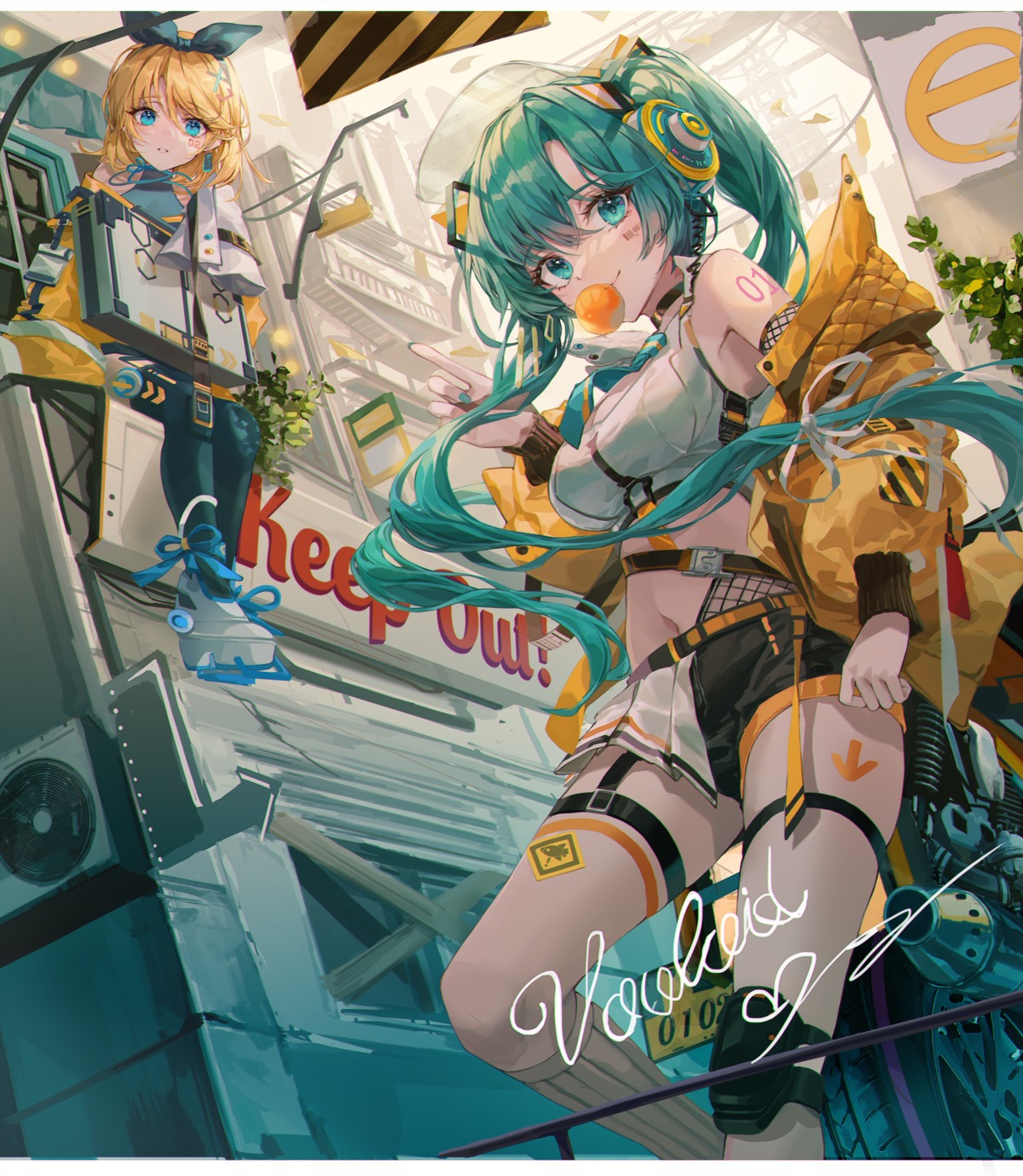 hatsune_miku, headphones, kagamine_rin, lujang_(fudge), stockings, tattoo, thighhighs, vocaloid