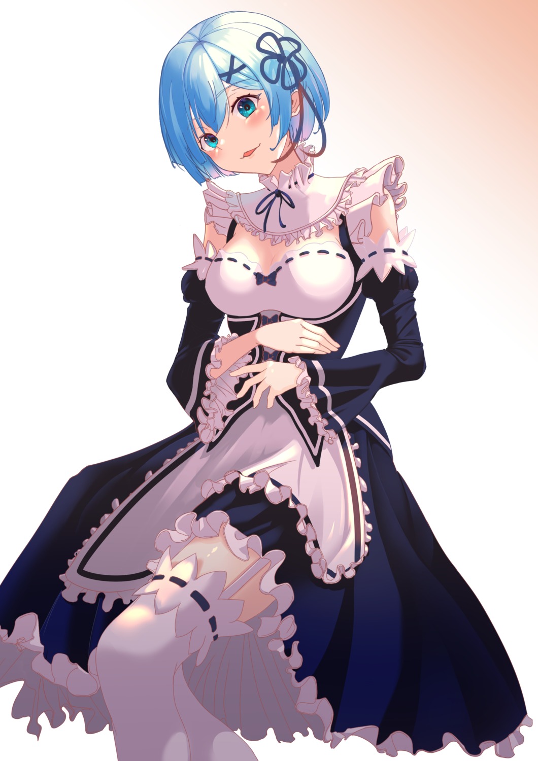 cleavage, hallo_(rltkdydrltk), maid, re:zero_kara_hajimeru_isekai_seikatsu, rem_(re_zero), skirt_lift, stockings, thighhighs