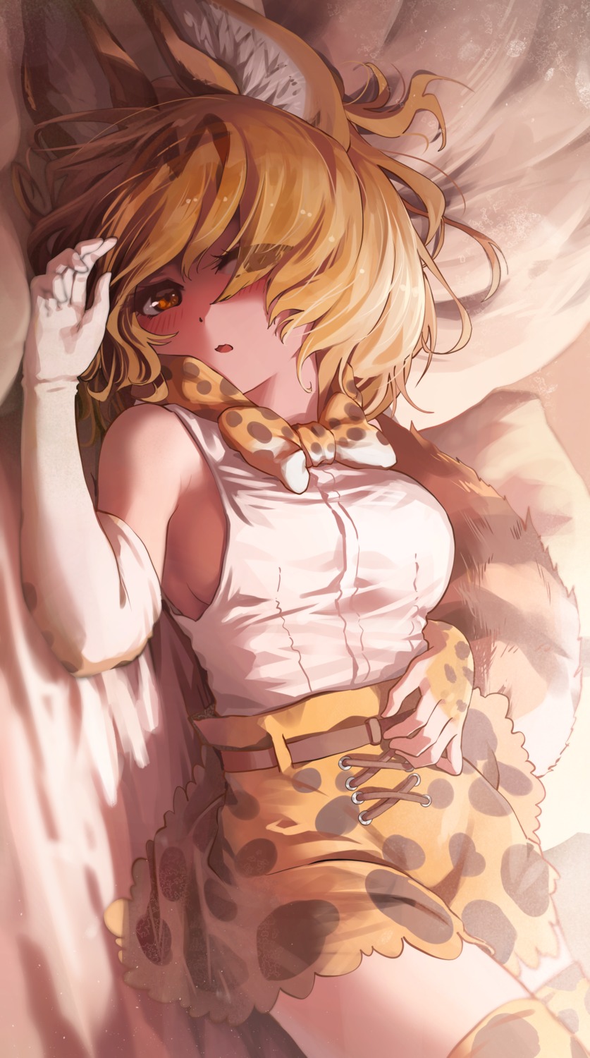 animal_ears, kemono_friends, melaton, no_bra, serval, skirt_lift, tail, thighhighs