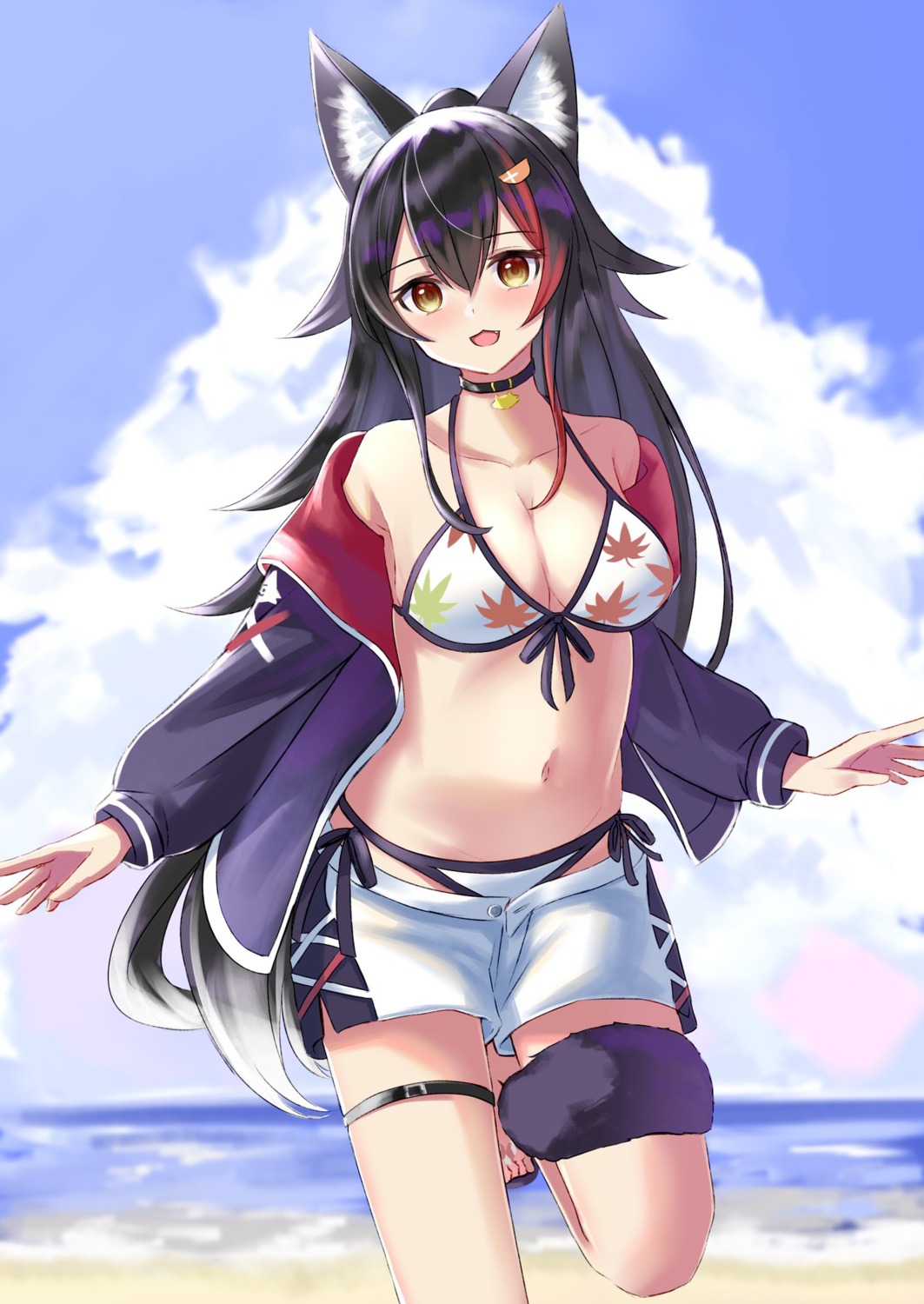 animal_ears, bikini, garter, hololive, hololive_gamers, natsuki_(natukituki), ookami_mio, open_shirt, swimsuits, tail