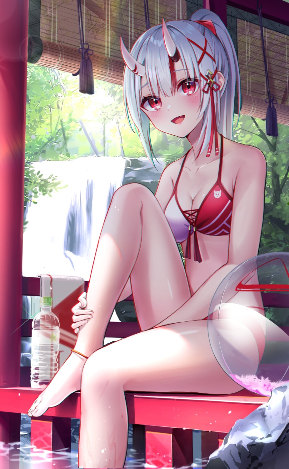 bikini, cleavage, feet, hololive, horns, midori_matsukaze, nakiri_ayame, swimsuits, wet