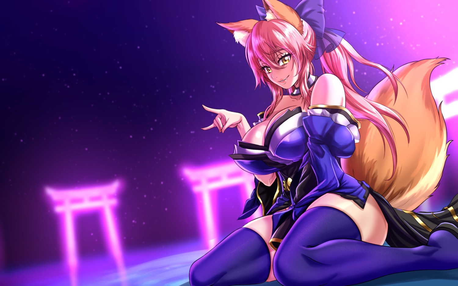 animal_ears, fate/grand_order, japanese_clothes, kitsune, no_bra, tail, tamamo_no_mae, thighhighs, zantyarz