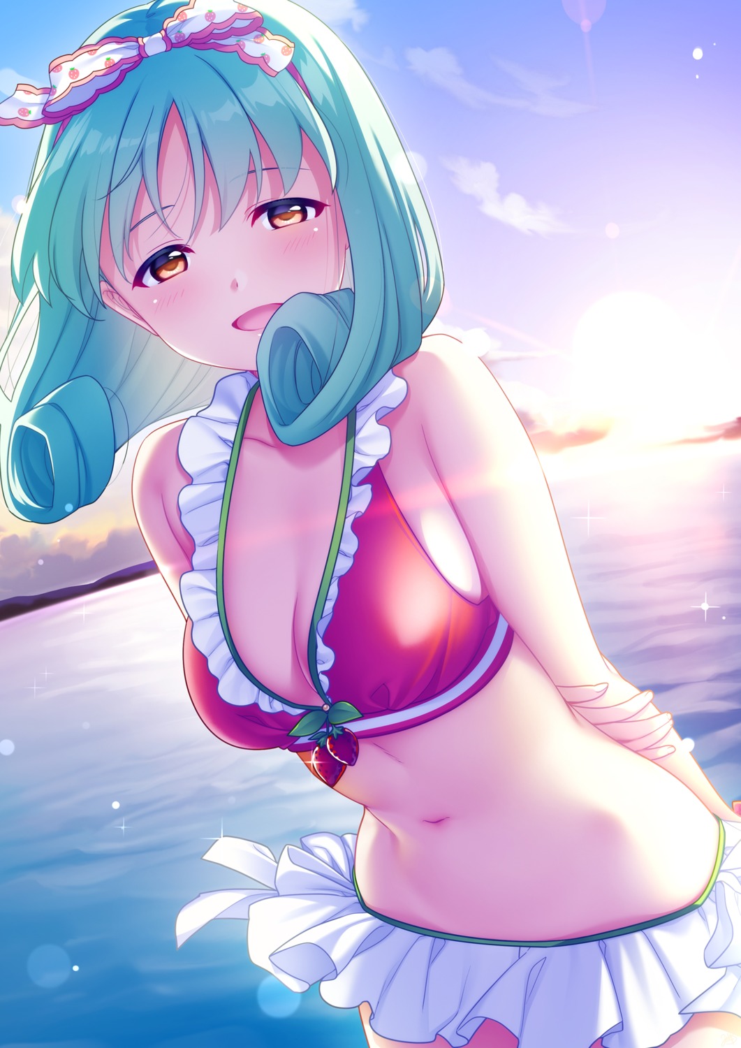 bikini, cleavage, mikapoe, skirt_lift, swimsuits, the_idolm@ster, the_idolm@ster_million_live!, tokugawa_matsuri