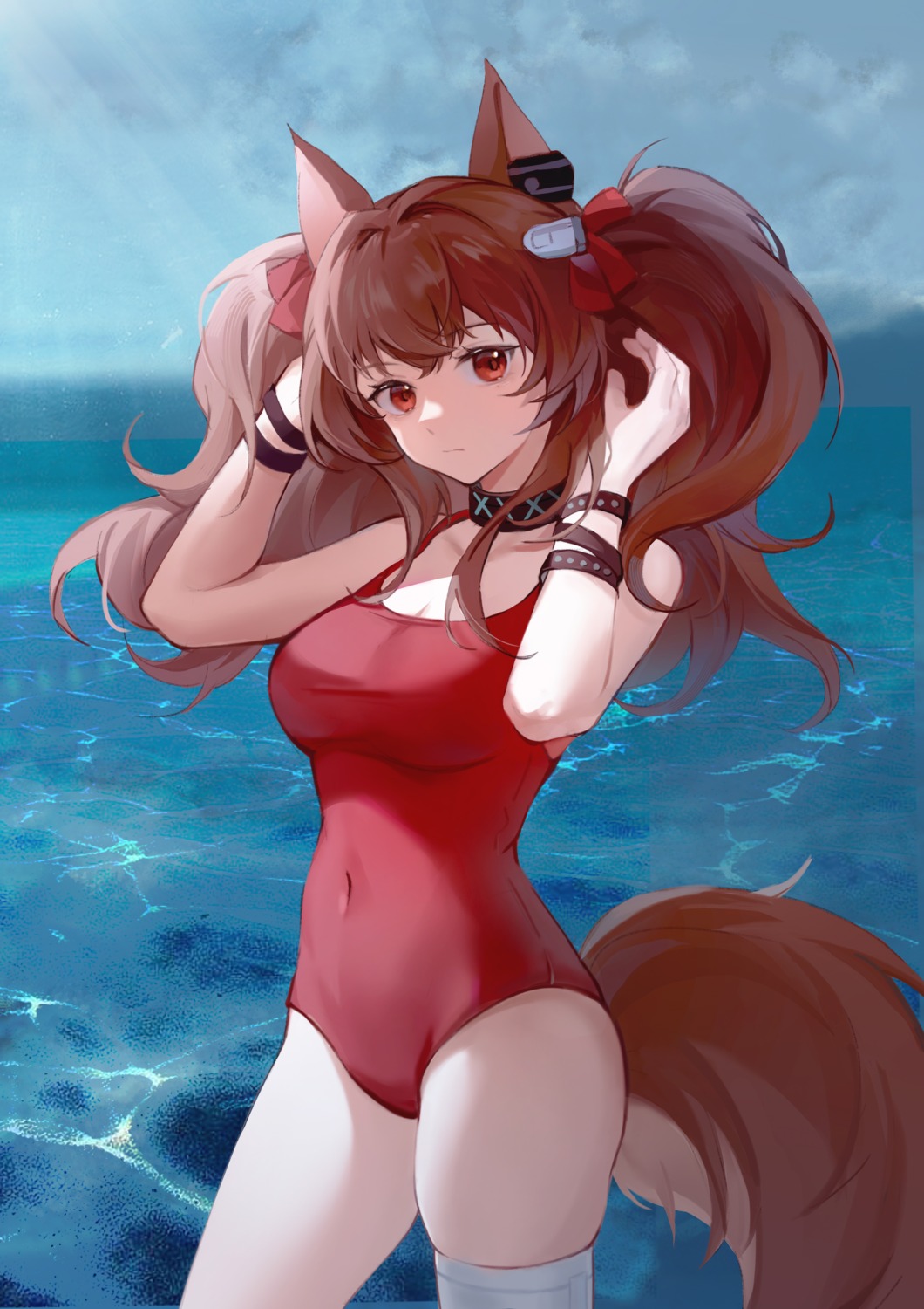angelina_(arknights), animal_ears, arknights, cleavage, ibbca, swimsuits, tail, thighhighs