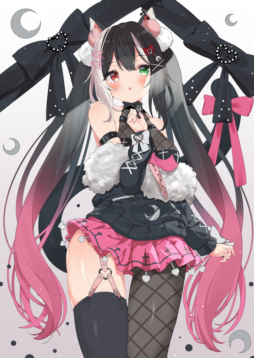 agaki_anko, animal_ears, fishnets, heterochromia, nekomimi, skirt_lift, stockings, tail