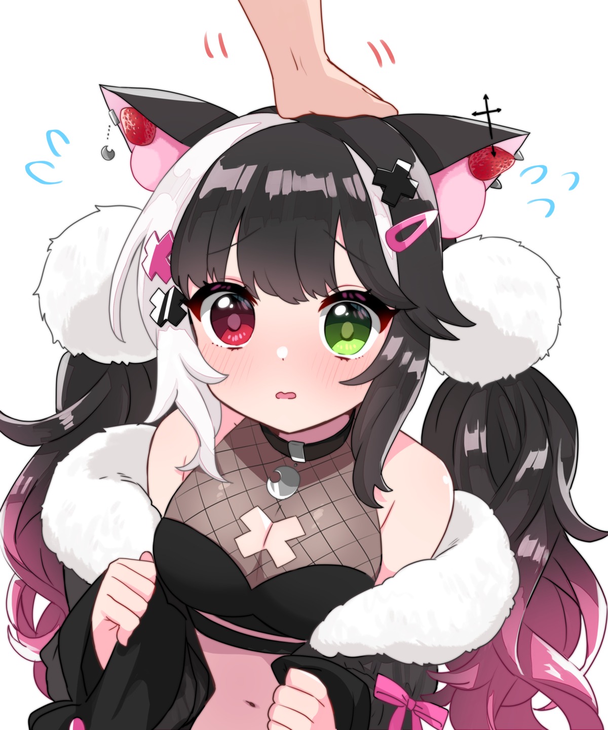 animal_ears, fishnets, heterochromia, indie_virtual_youtuber, nekomimi, no_bra, qiu_yue_(vtuber), saito_katuo