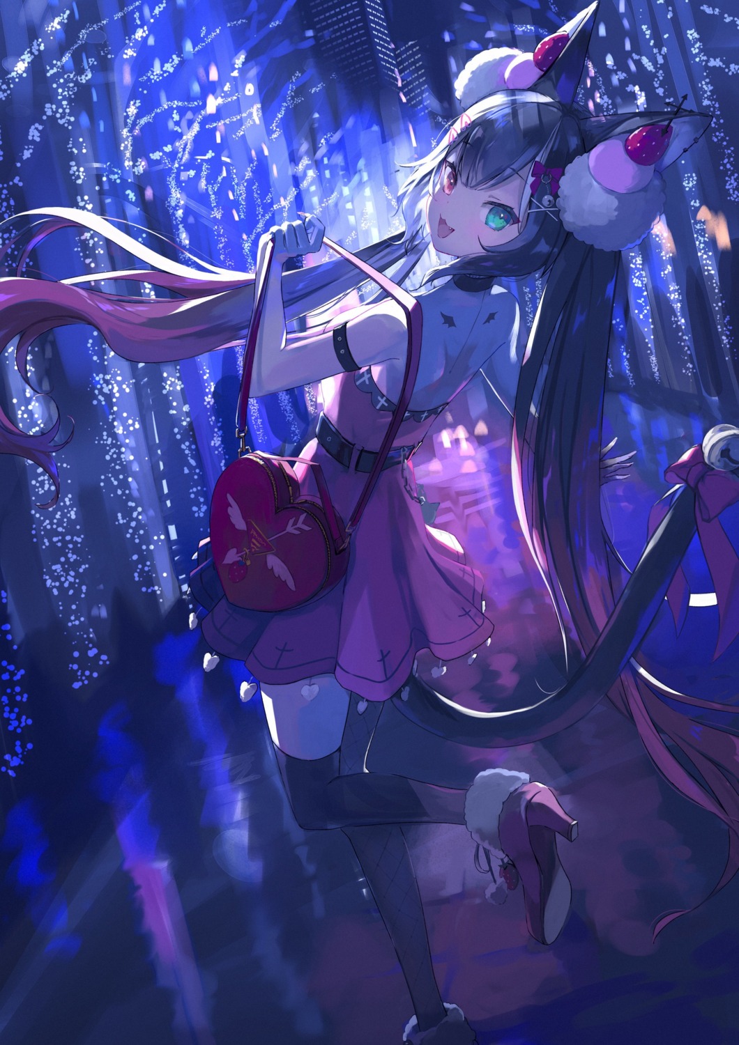 animal_ears, baicha_okka, fishnets, heels, heterochromia, indie_virtual_youtuber, nekomimi, qiu_yue_(vtuber), tail, thighhighs