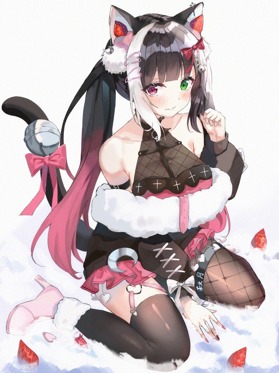 animal_ears, fishnets, garter, heels, heterochromia, indie_virtual_youtuber, nekomimi, qiu_yue_(vtuber), see_through, stockings, tagme, tail, thighhighs