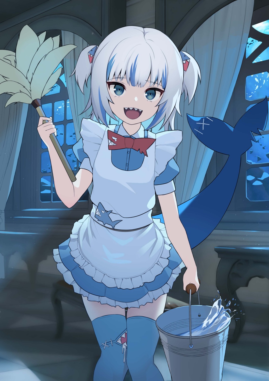 gawr_gura, hololive, hololive_english, maid, reflector178, tail, thighhighs