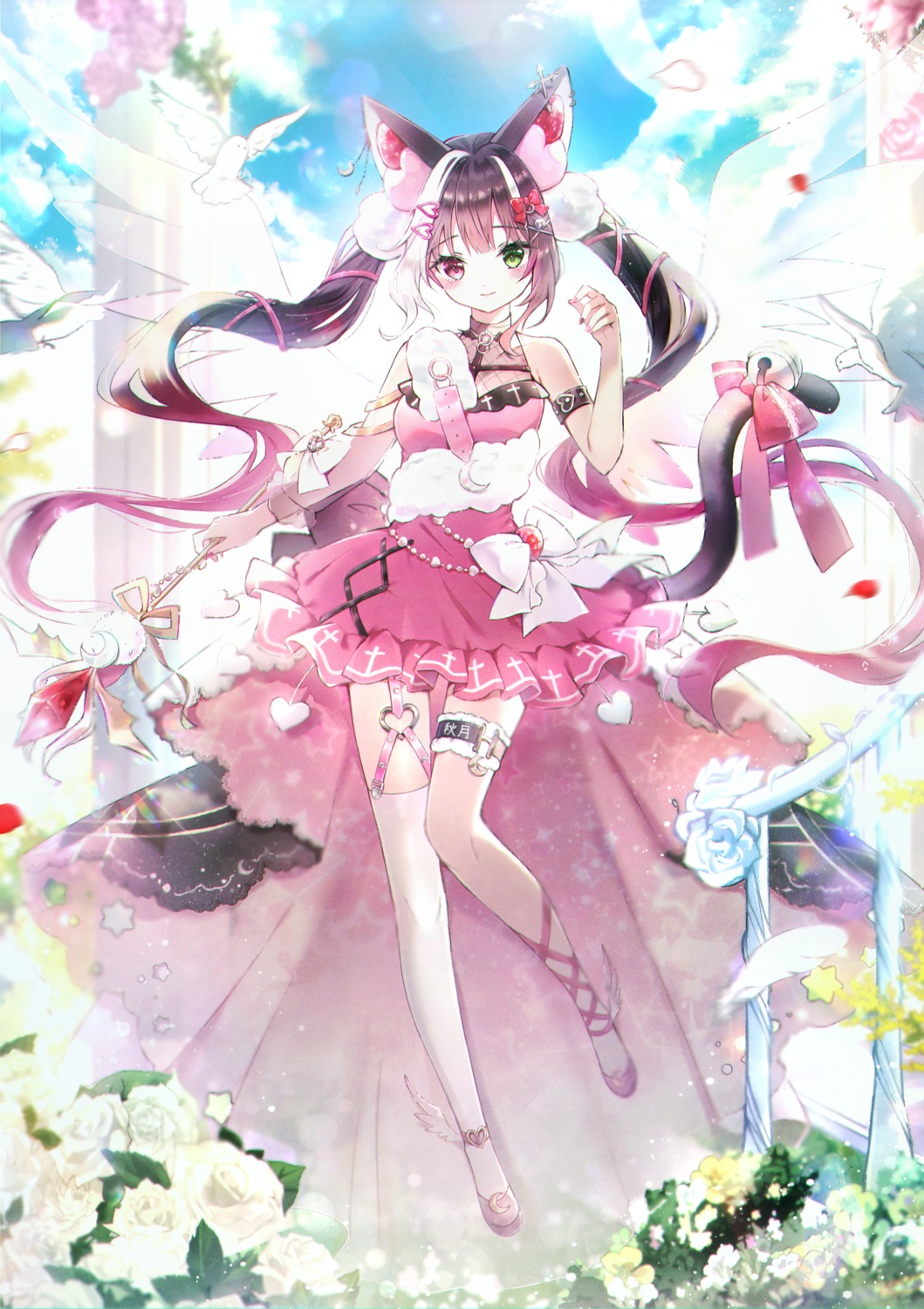 animal_ears, danby_merong, fishnets, garter, heterochromia, nekomimi, skirt_lift, stockings