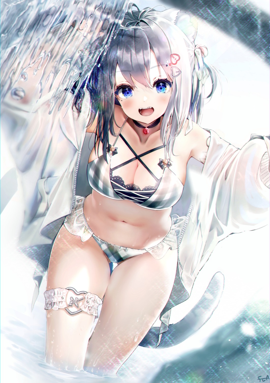 animal_ears, bikini, garter, nekomimi, open_shirt, rasukii_(pamiton), see_through, swimsuits, tail, wet, wet_clothes
