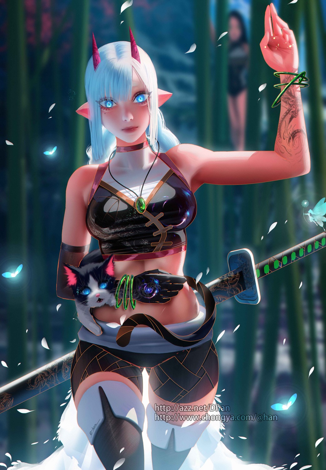 bike_shorts, d-han, horns, neko, pointy_ears, sword, tattoo, thighhighs