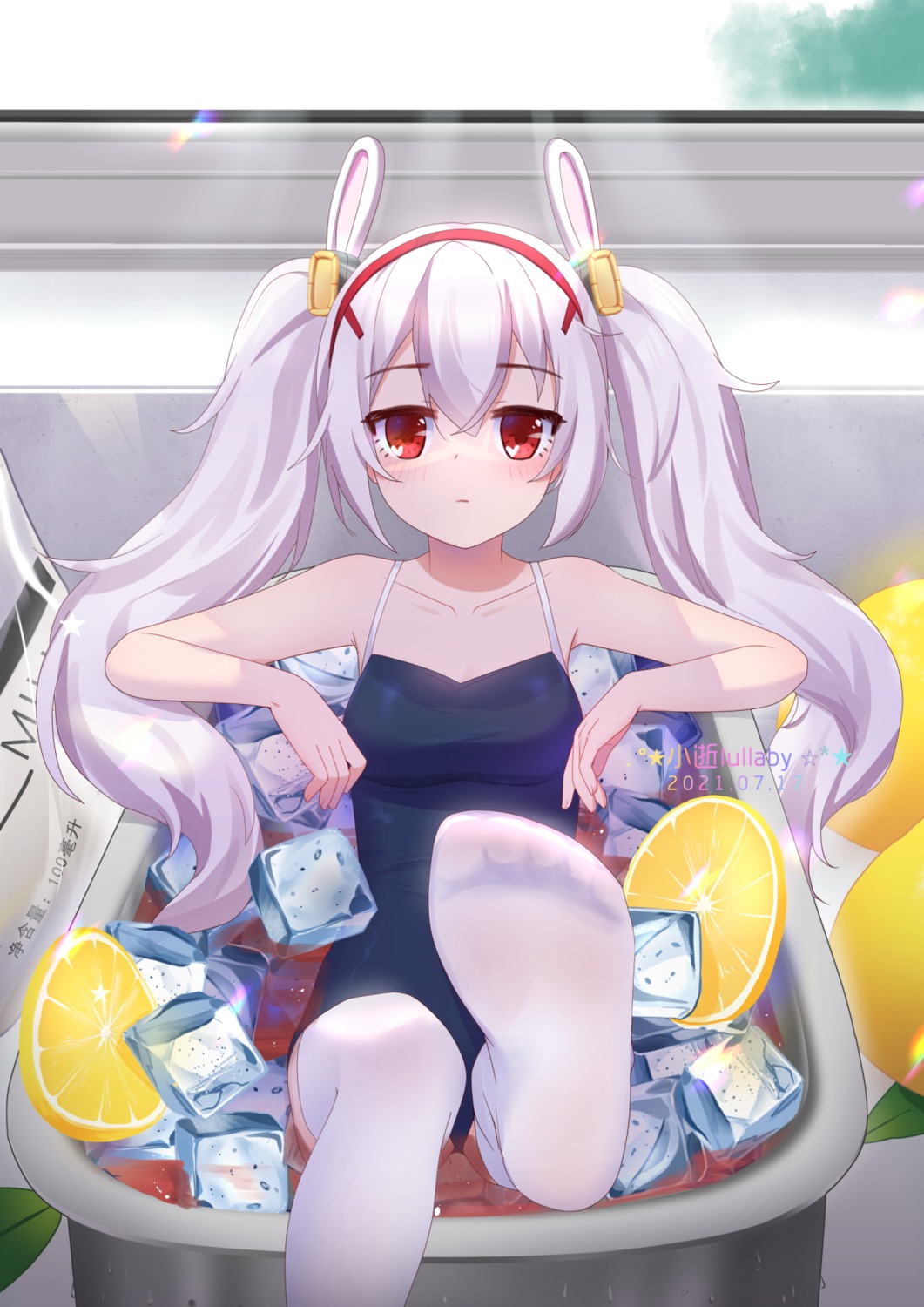 animal_ears, azur_lane, bunny_ears, cleavage, feet, laffey_(azur_lane), school_swimsuit, swimsuits