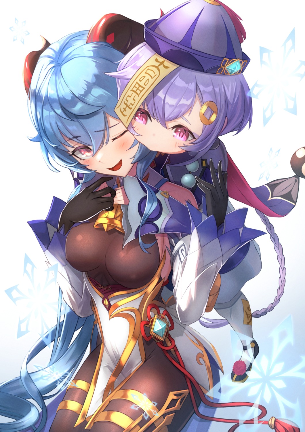 announ_(kurotya), asian_clothes, erect_nipples, ganyu, genshin_impact, horns, qiqi