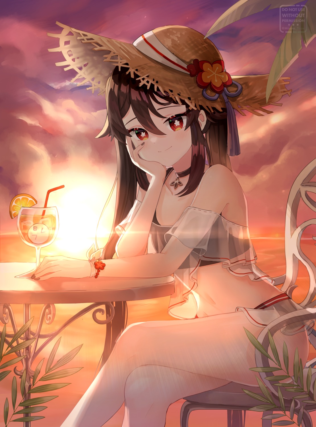 bikini, genshin_impact, hu_tao, miyako_draw, see_through, skirt_lift, swimsuits