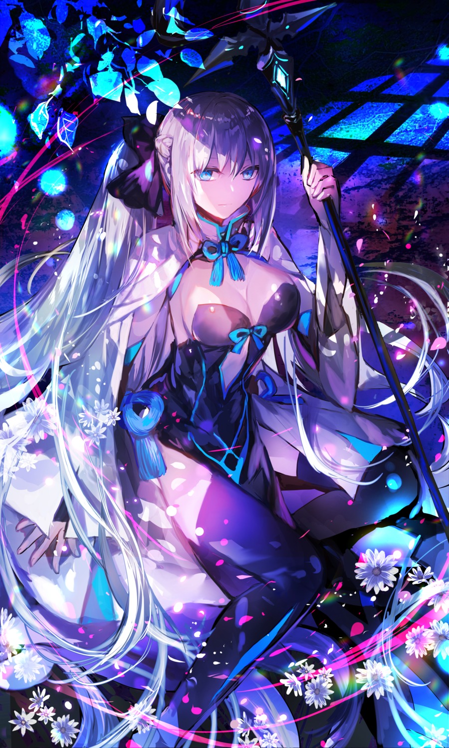 cleavage, fate/grand_order, morgan_le_fay_(fate), no_bra, rioka_(southern_blue_sky), thighhighs, weapon