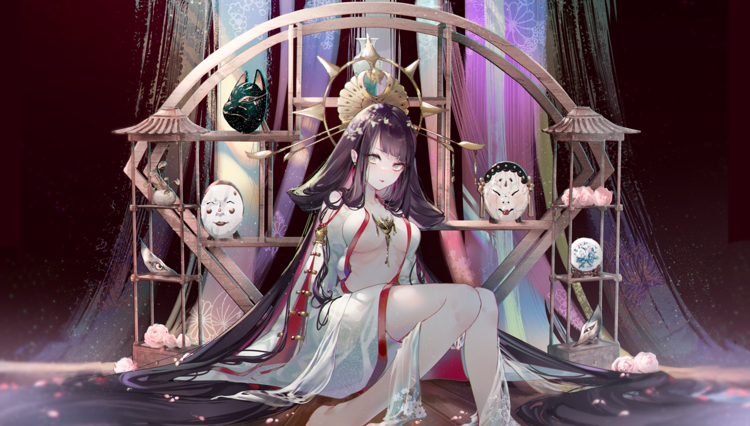 japanese_clothes, kinokohime, no_bra, open_shirt, see_through, skirt_lift
