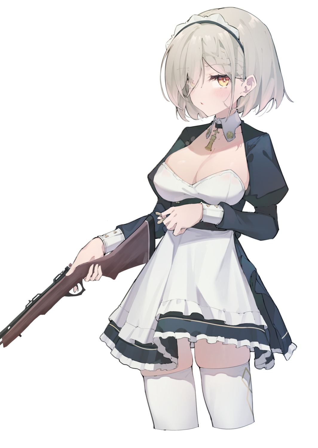 asla_yu, gun, maid, no_bra, thighhighs