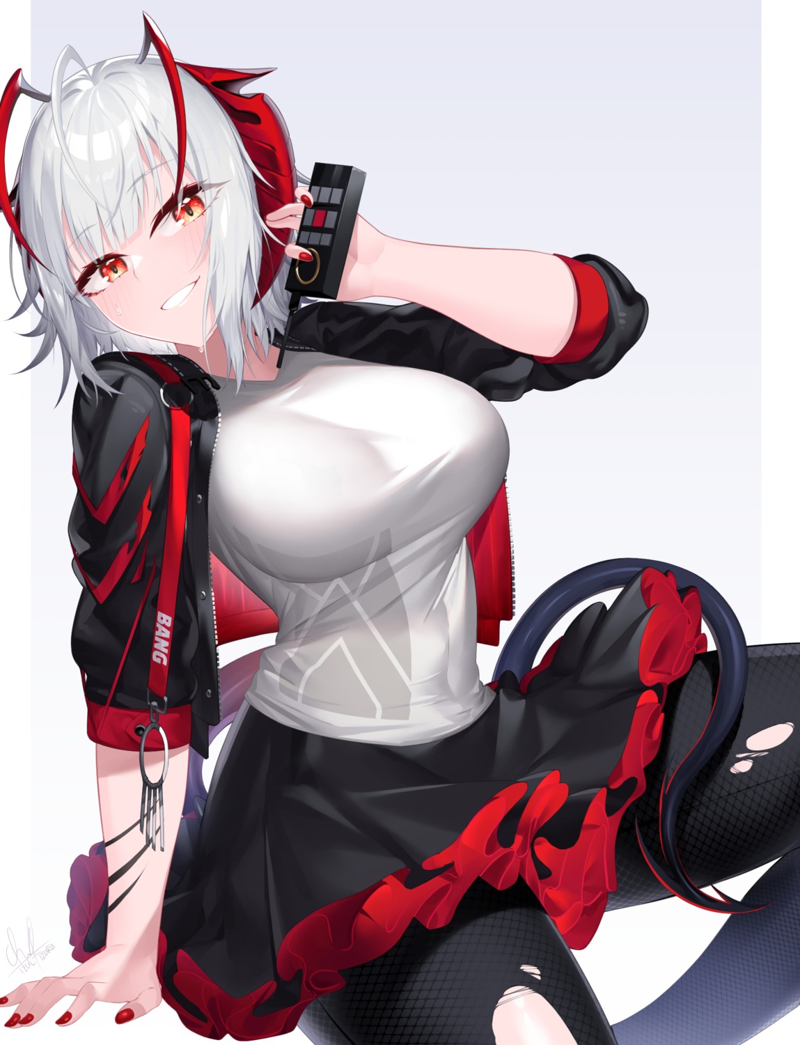 arknights, fishnets, horns, izulizuru, pantyhose, skirt_lift, tail, torn_clothes