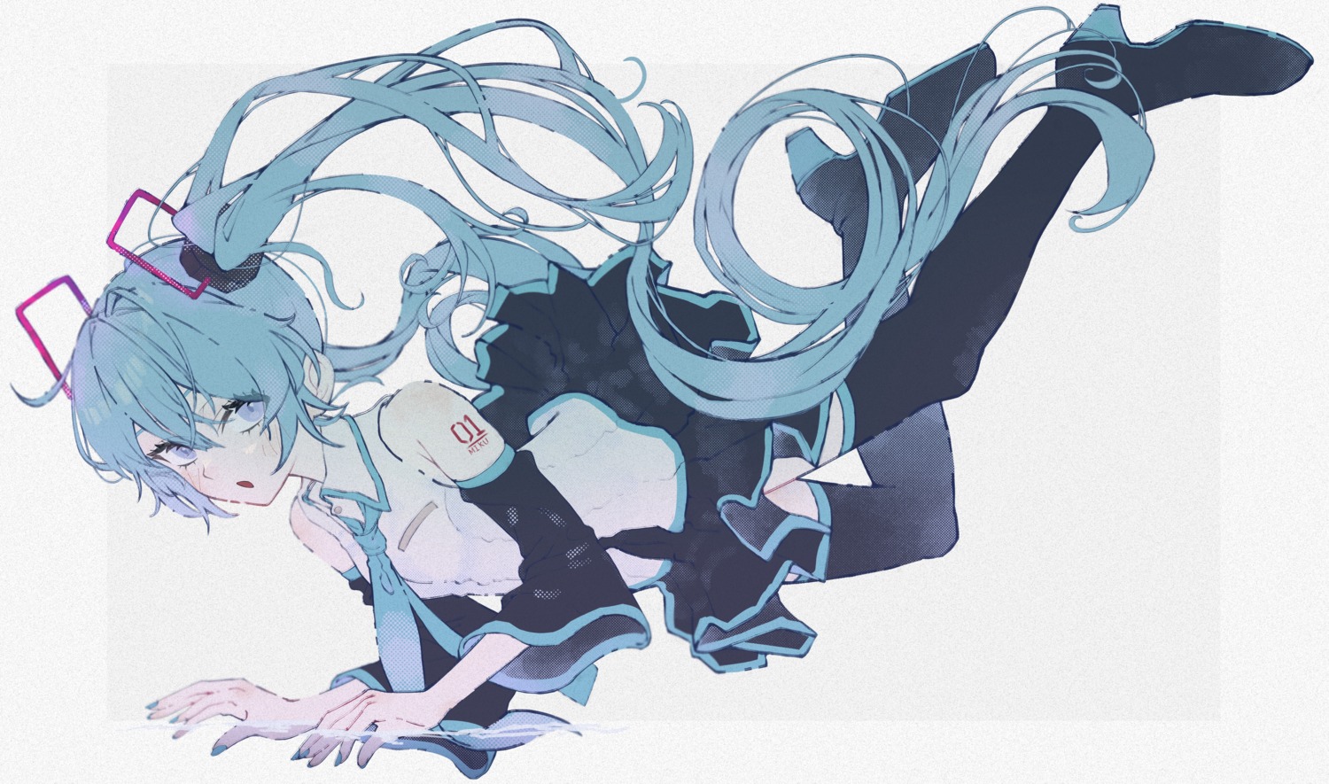 amino_(li0a4), hatsune_miku, heels, skirt_lift, tattoo, thighhighs, vocaloid