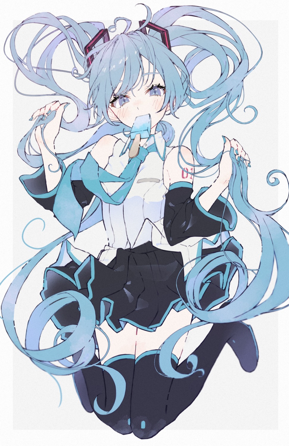 amino_(li0a4), hatsune_miku, skirt_lift, tattoo, thighhighs, vocaloid