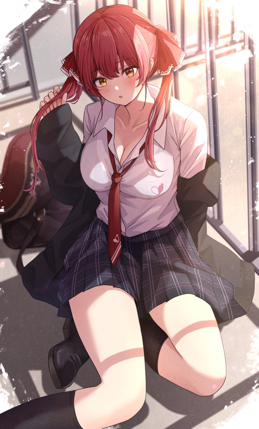 bra, cleavage, dodon_gadon, heterochromia, hololive, houshou_marine, open_shirt, see_through