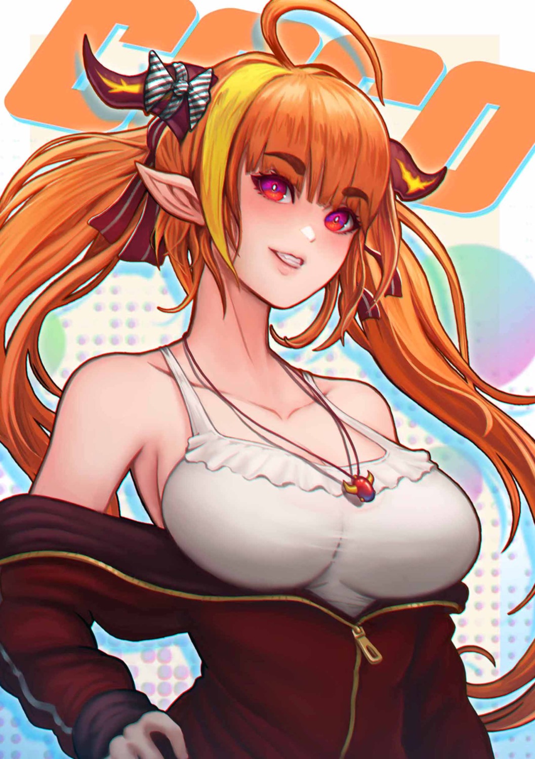 hololive, horns, kiryuu_coco, no_bra, open_shirt, pointy_ears, tubslab