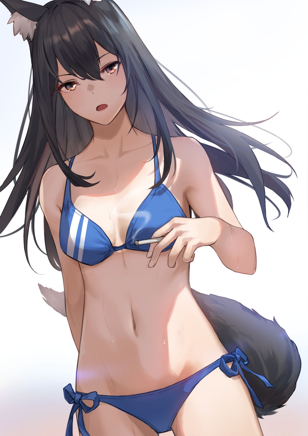 animal_ears, arknights, bikini, ina_(inadiary), smoking, swimsuits, tail, texas_(arknights)