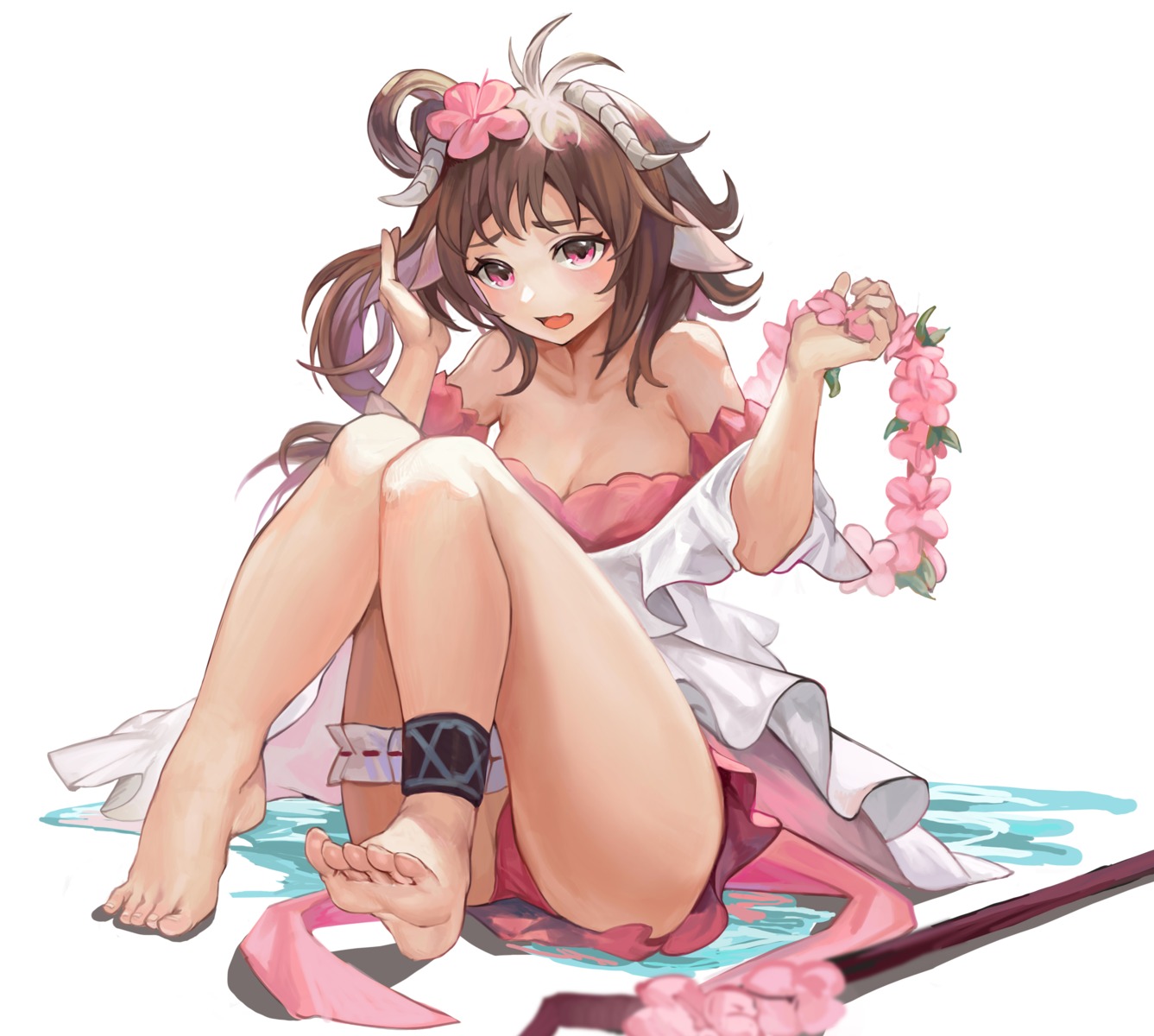 animal_ears, arknights, bikini, eyjafjalla_(arknights), feet, garter, horns, lan_xiezi, open_shirt, skirt_lift, swimsuits, tail, wet