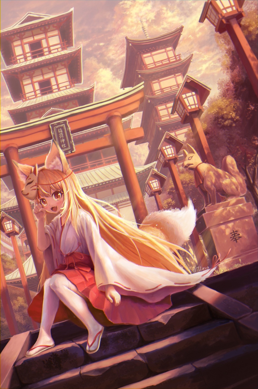 animal_ears, kitsune, miko, regu, skirt_lift, tail, thighhighs