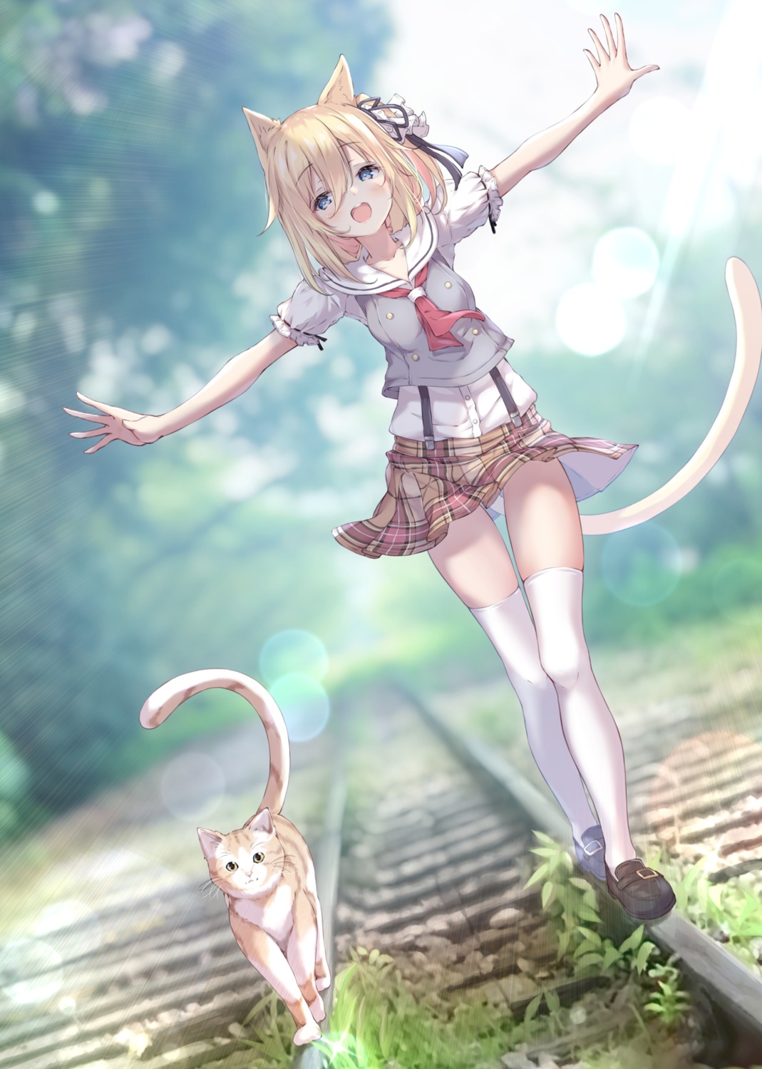 animal_ears, neko, nekomimi, seifuku, skirt_lift, tail, thighhighs, ukiwakisen