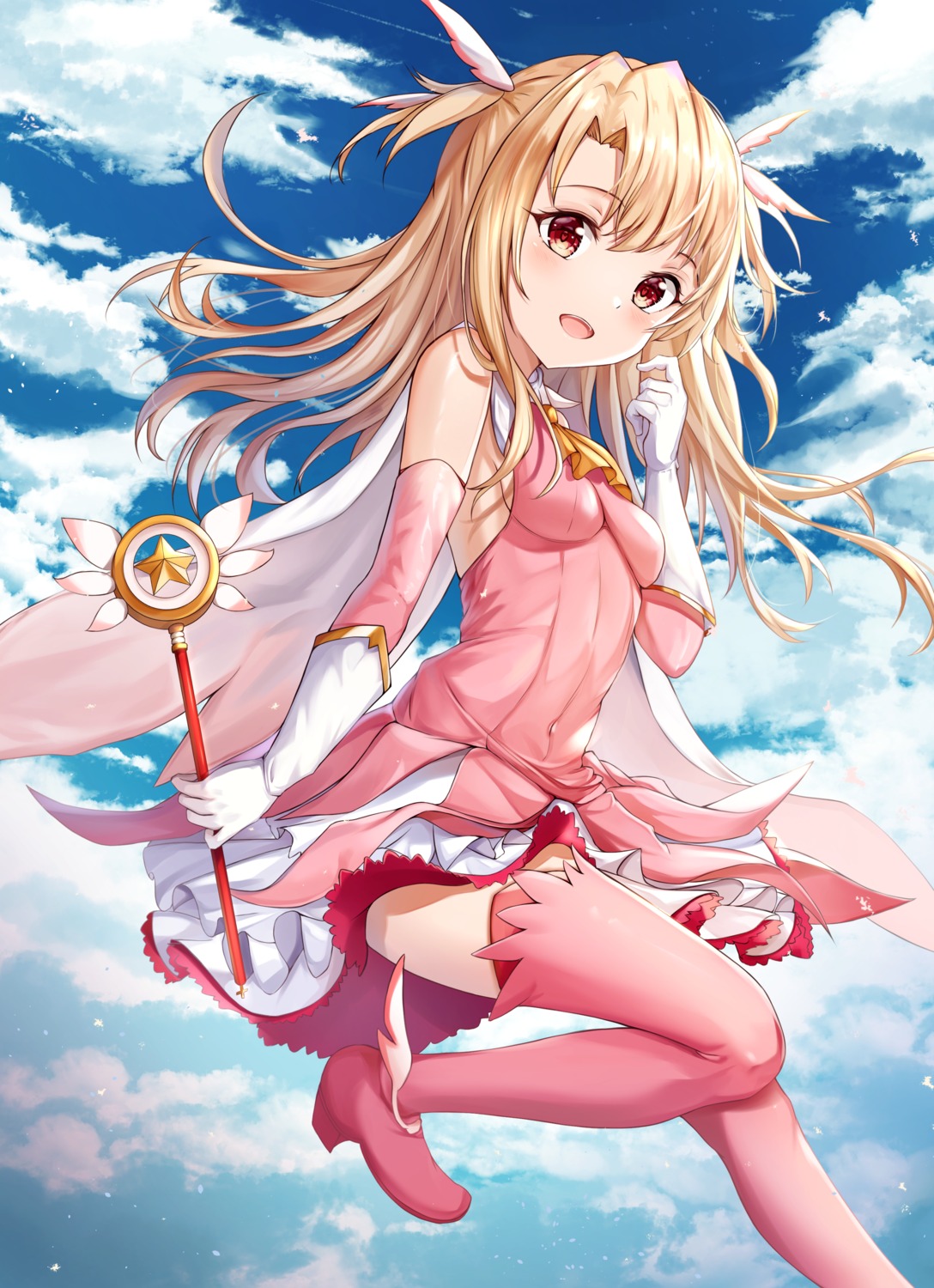 dress, fate/kaleid_liner_prisma_illya, fate/stay_night, heels, illyasviel_von_einzbern, magical_ruby, no_bra, skirt_lift, thighhighs, weapon, zeroillya