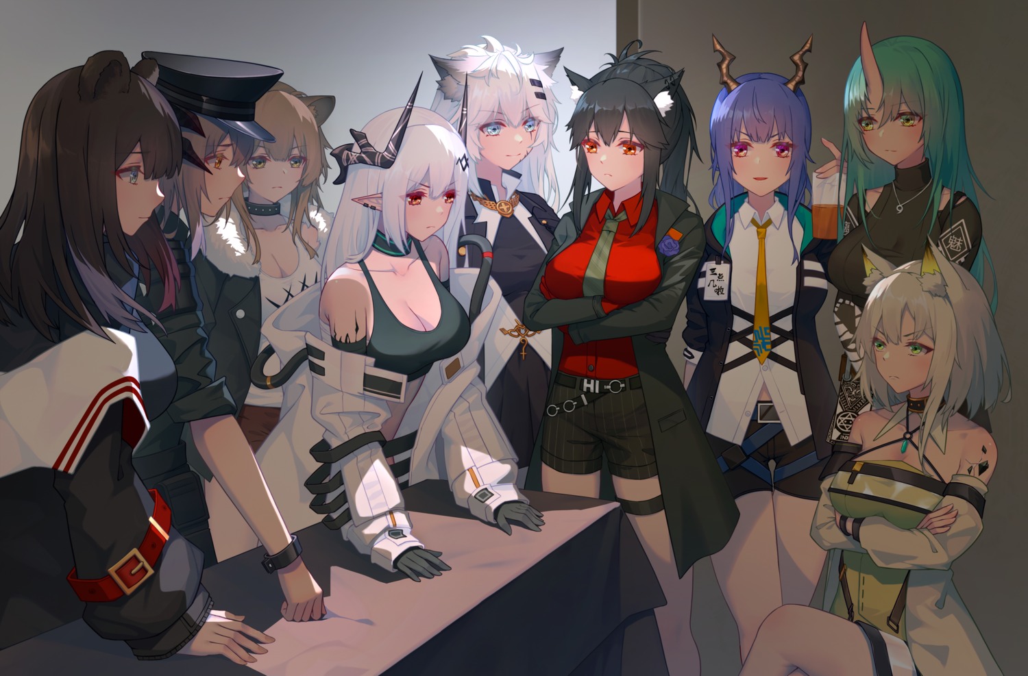 animal_ears, arknights, ch'en_(arknights), cleavage, garter, heiyizhushenxia, horns, hoshiguma_(arknights)