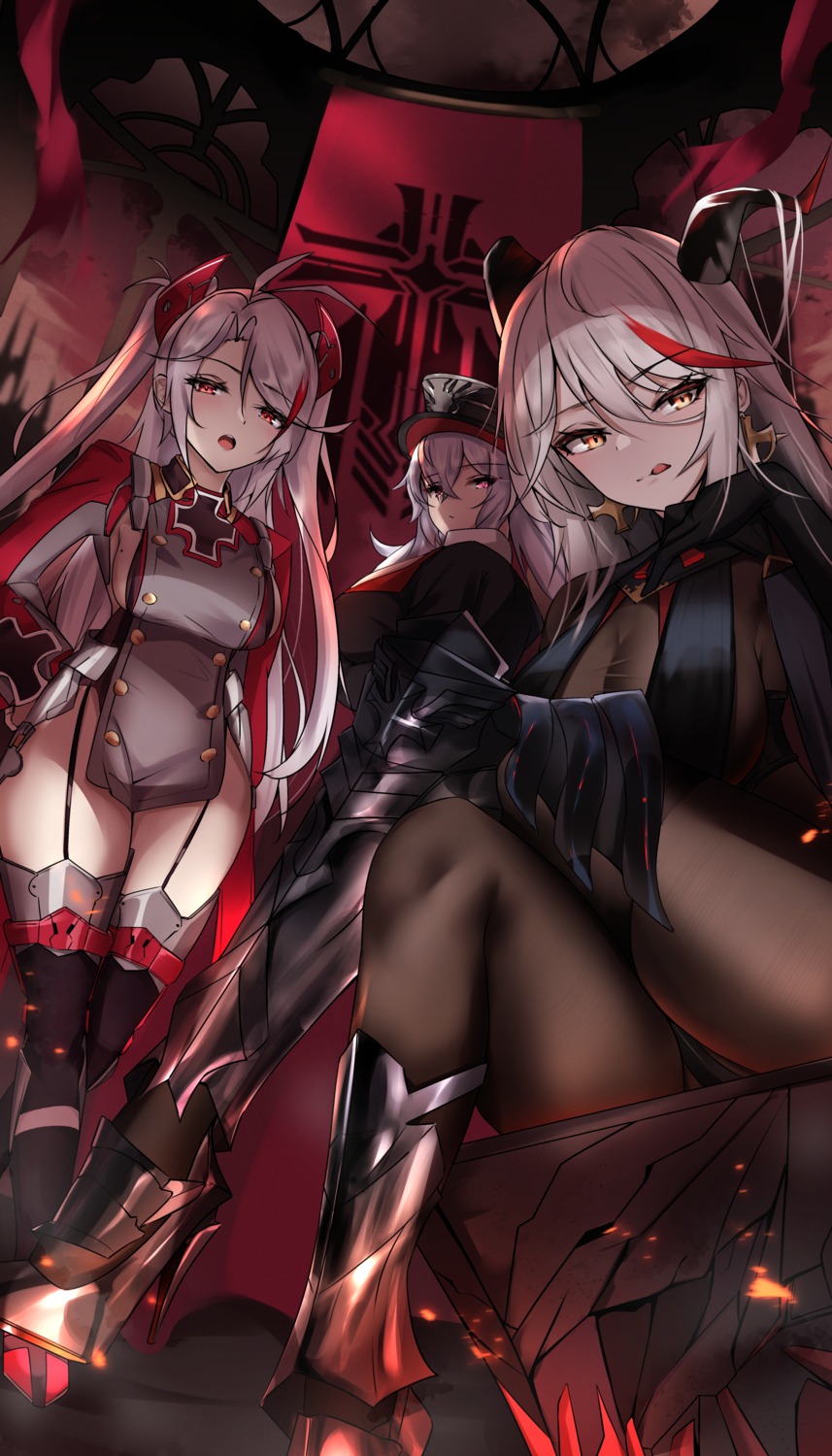 aegir_(azur_lane), azur_lane, bodysuit, graf_zeppelin_(azur_lane), horns, kyle_(kysizzle), prinz_eugen_(azur_lane), stockings, thighhighs, uniform